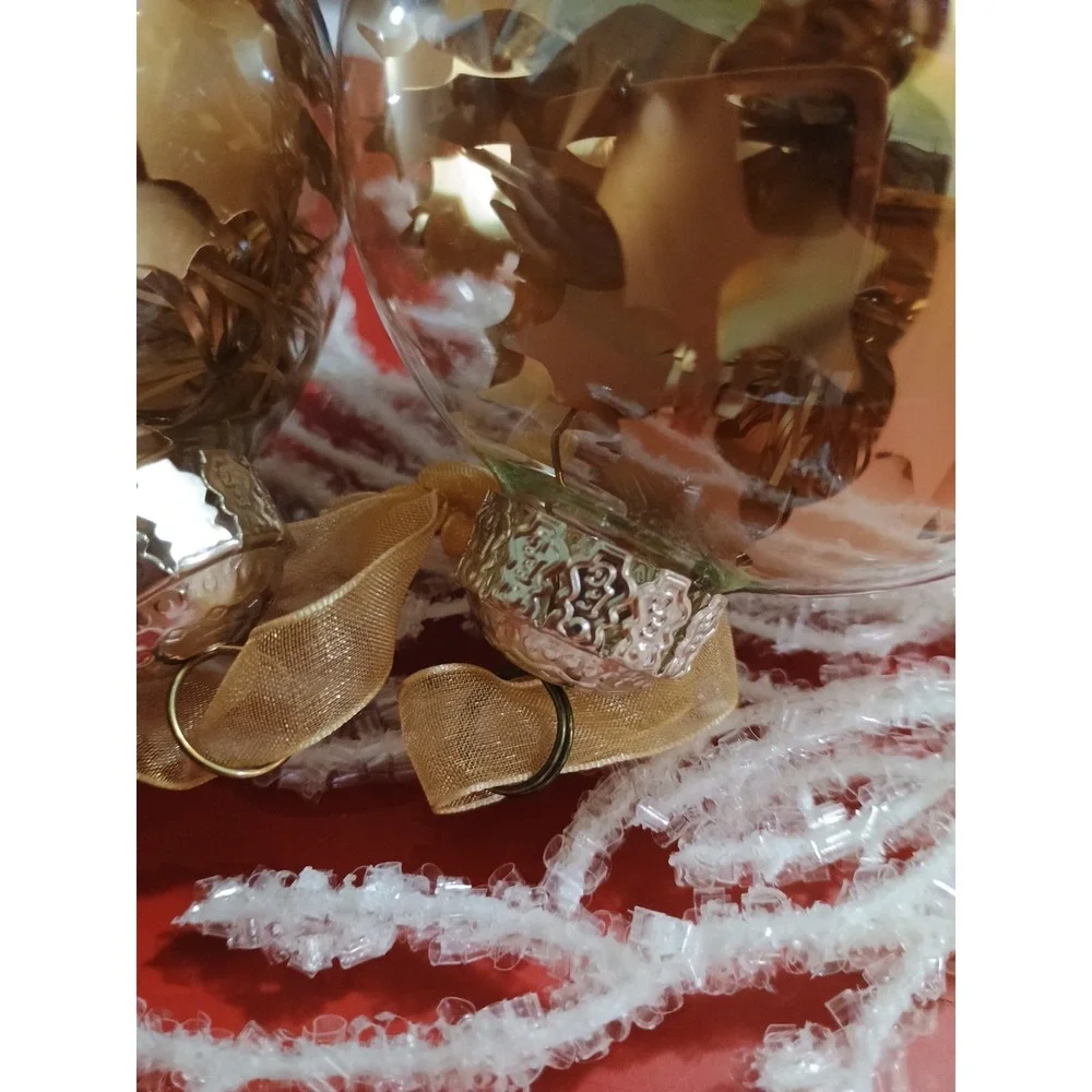 Pair Of Frontgate Clear Glass‎ Gold Round Christmas Ornaments 4.5